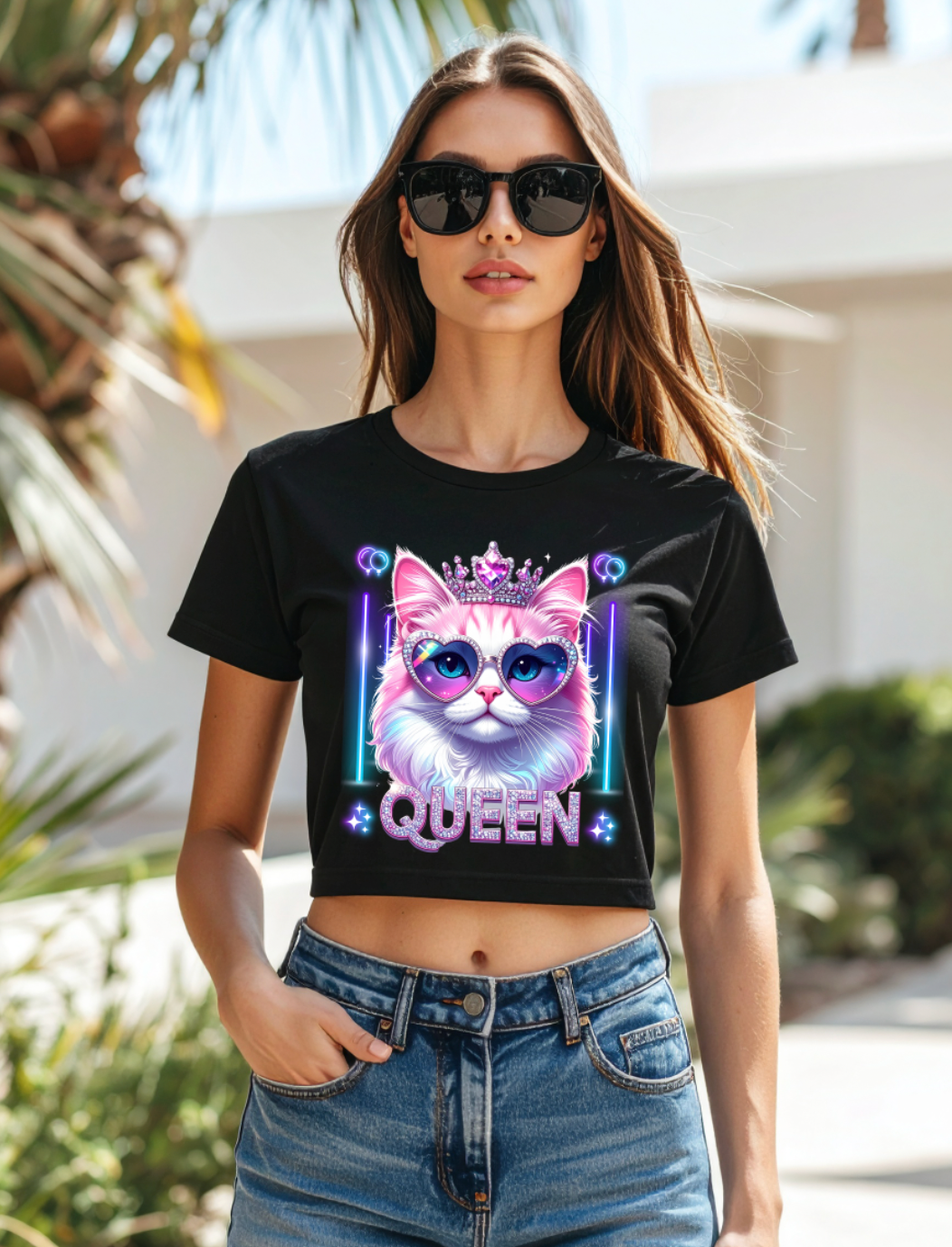 Women’s Crop Top – Queen Cat 👑😺 Glitter Crown & Neon Sunglasses | Streetwear Graphic Tee