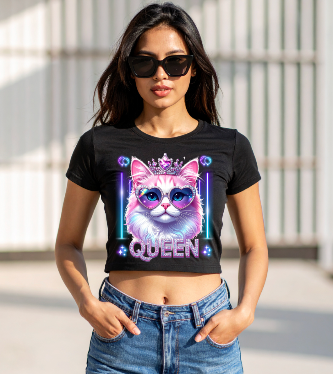 Women’s Crop Top – Queen Cat 👑😺 Glitter Crown & Neon Sunglasses | Streetwear Graphic Tee