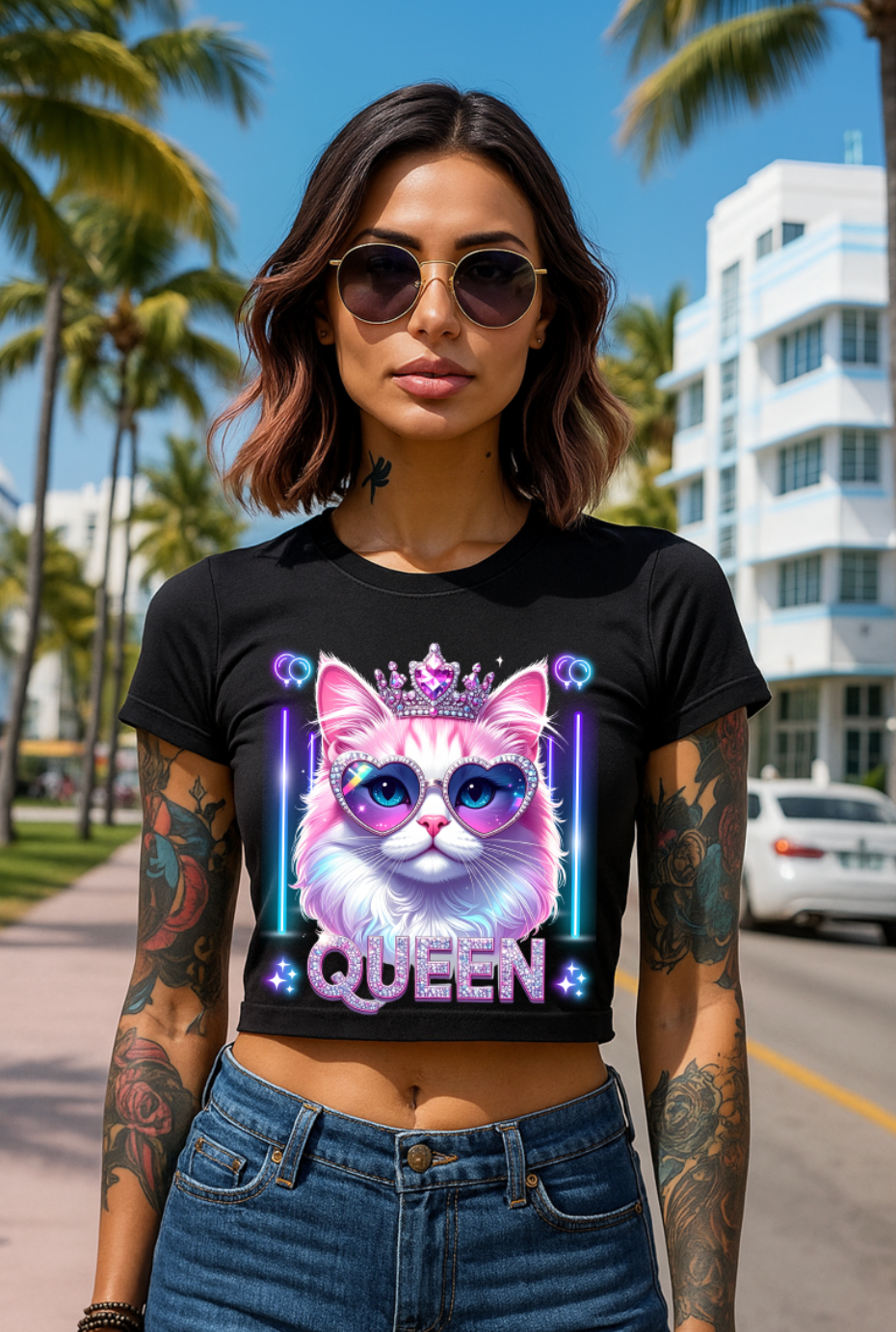 Women’s Crop Top – Queen Cat 👑😺 Glitter Crown & Neon Sunglasses | Streetwear Graphic Tee