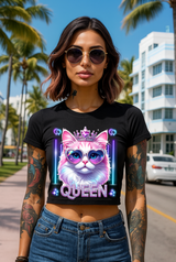 Women’s Crop Top – Queen Cat 👑😺 Glitter Crown & Neon Sunglasses | Streetwear Graphic Tee