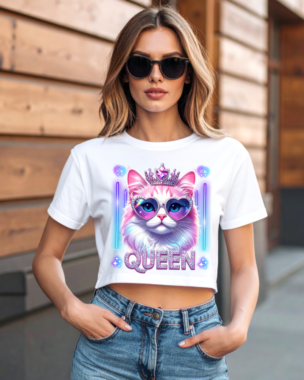 Women’s Crop Top – Queen Cat 👑😺 Glitter Crown & Neon Sunglasses | Streetwear Graphic Tee