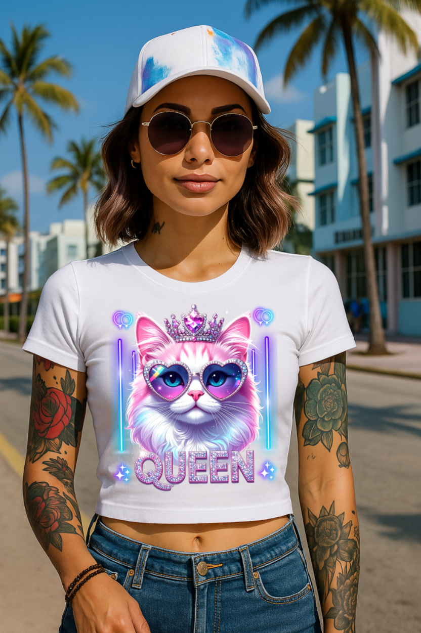 Women’s Crop Top – Queen Cat 👑😺 Glitter Crown & Neon Sunglasses | Streetwear Graphic Tee
