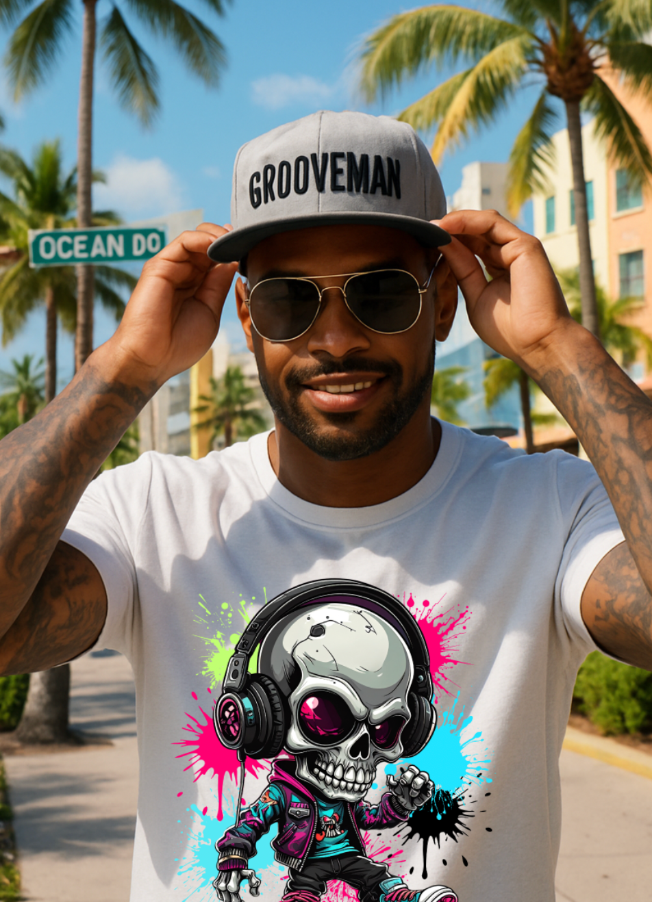 Men’s Neon Skull DJ Graphic T-Shirt – Headphones Glow Streetwear