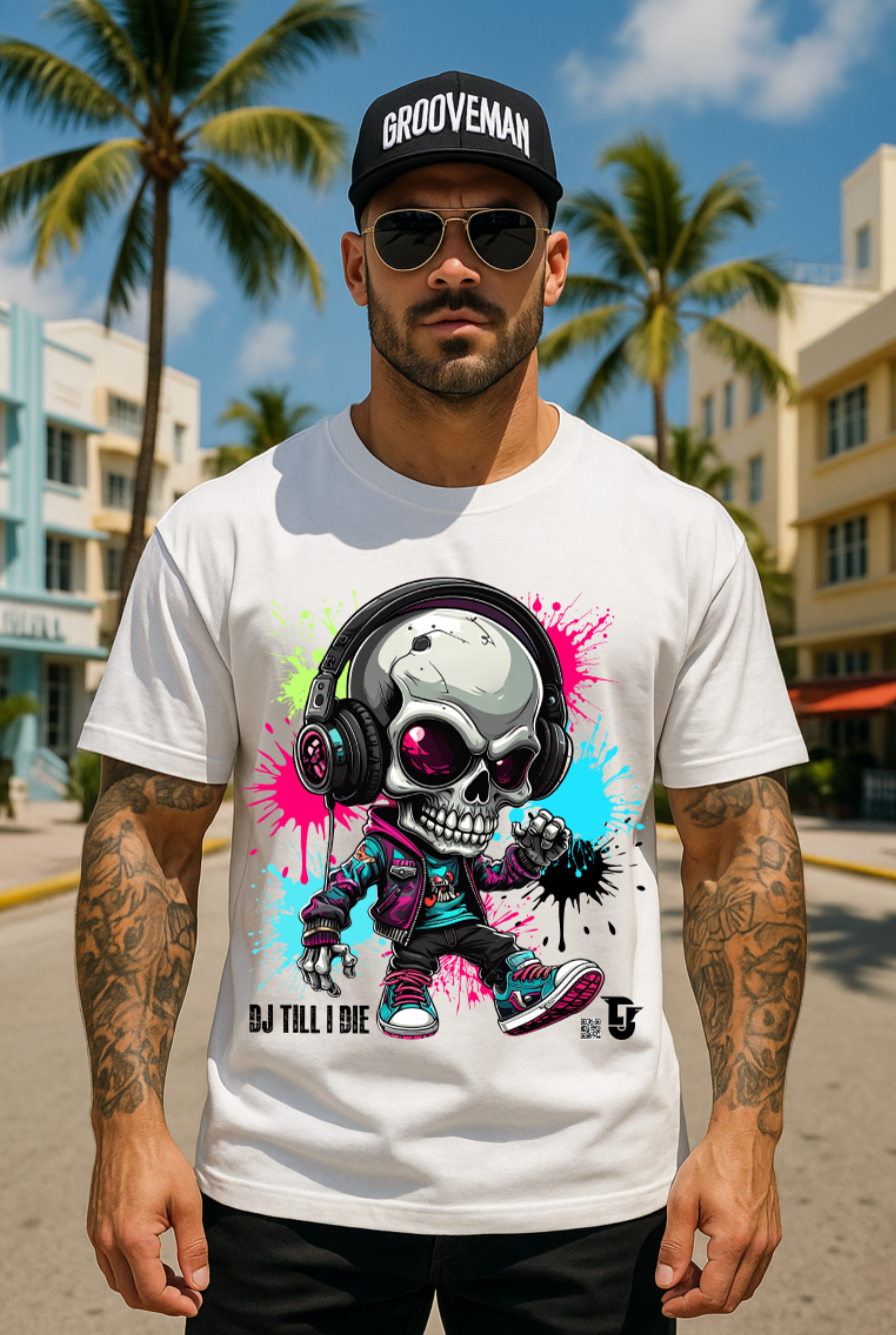 Men’s Neon Skull DJ Graphic T-Shirt – Headphones Glow Streetwear
