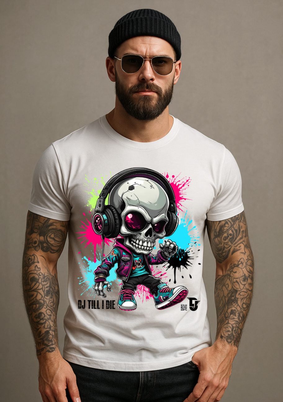 Men’s Neon Skull DJ Graphic T-Shirt – Headphones Glow Streetwear