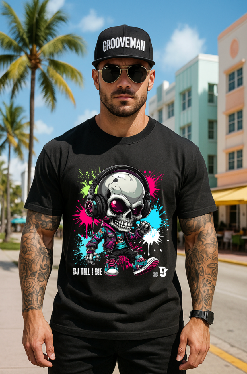 Men’s Neon Skull DJ Graphic T-Shirt – Headphones Glow Streetwear