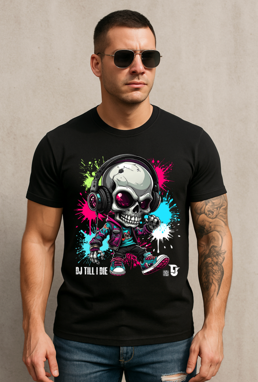 Men’s Neon Skull DJ Graphic T-Shirt – Headphones Glow Streetwear