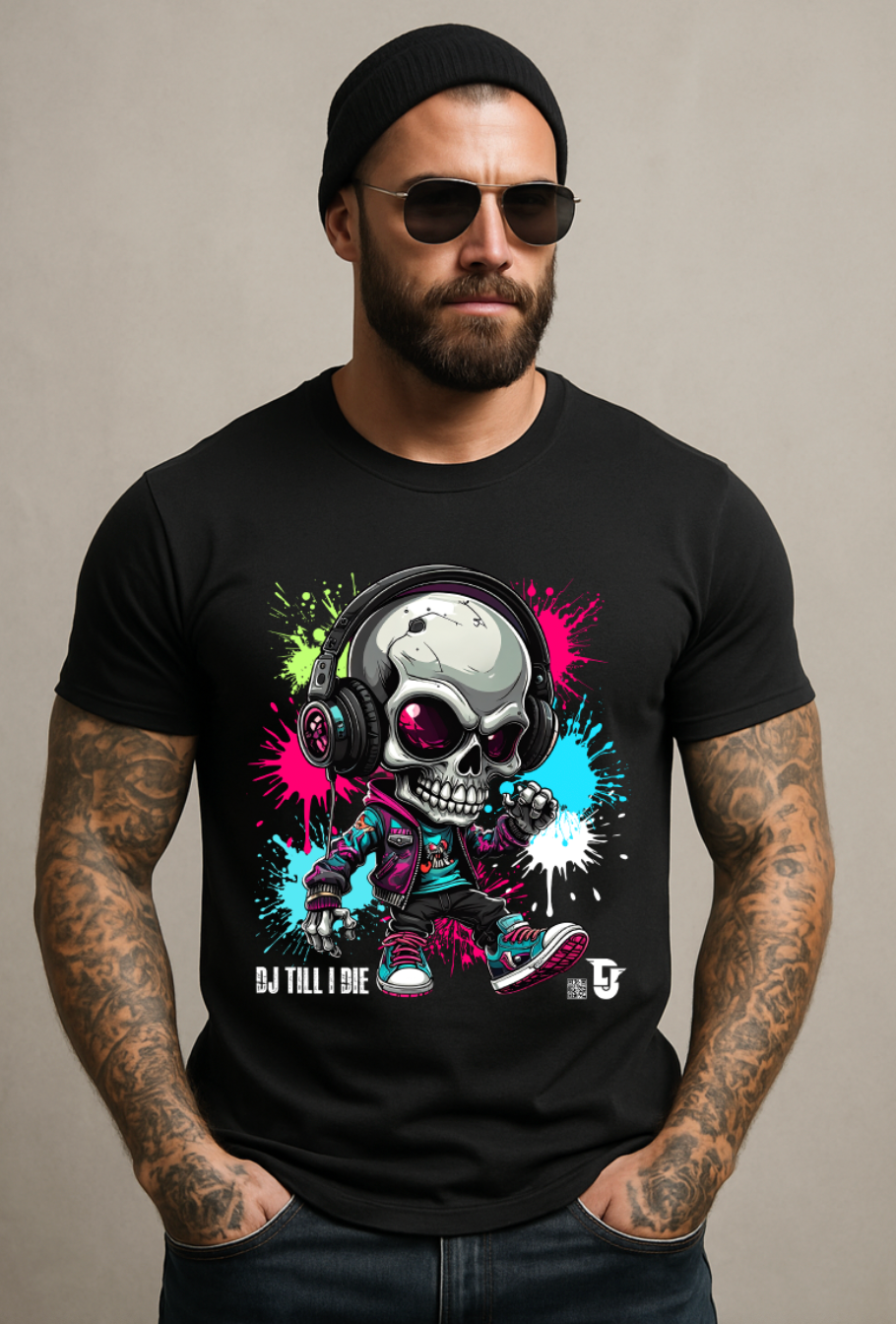 Men’s Neon Skull DJ Graphic T-Shirt – Headphones Glow Streetwear