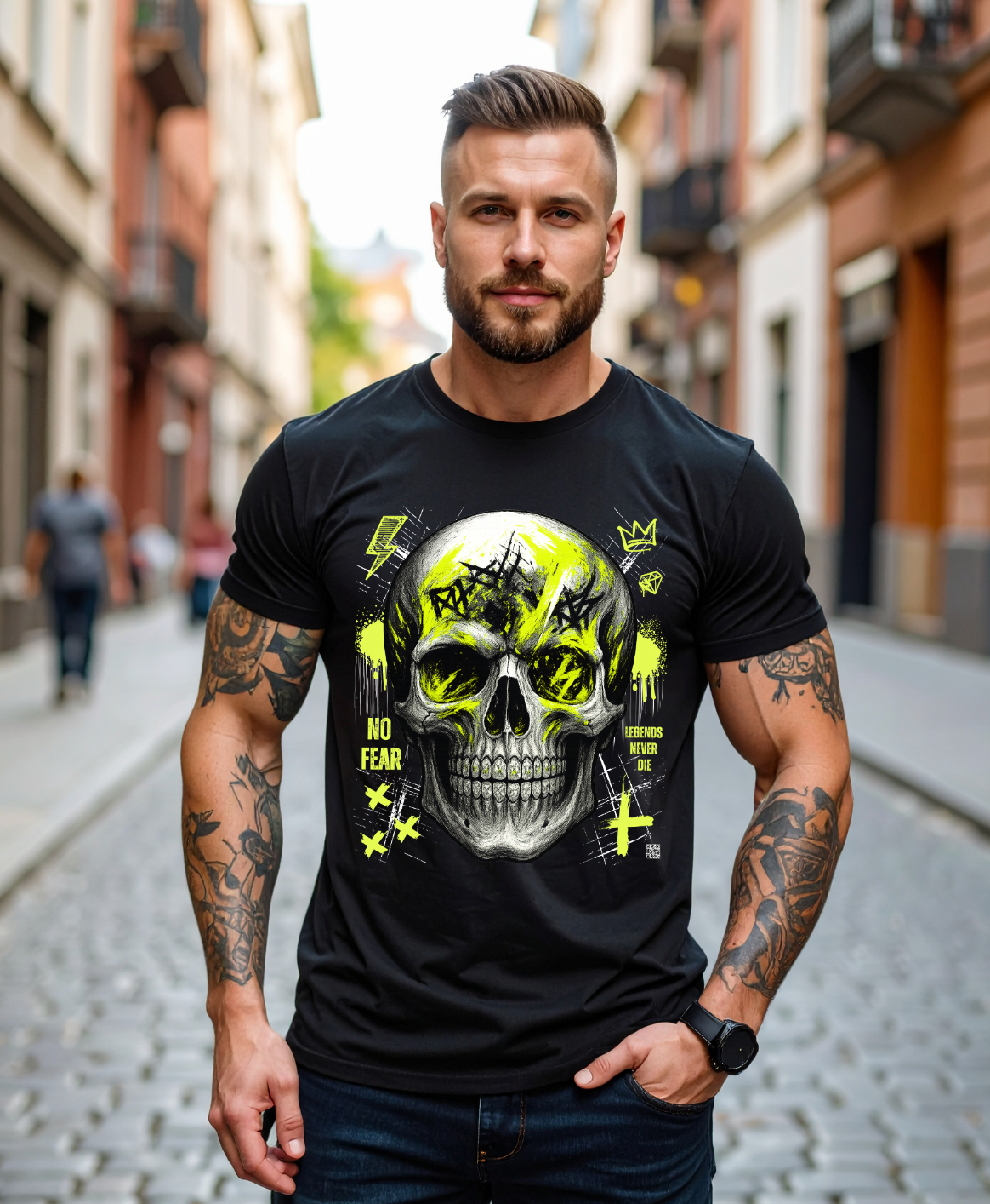 Skull Bling Rhinestone T-Shirt – Neon Yellow Edition (Men’s Sizing Runs Large)