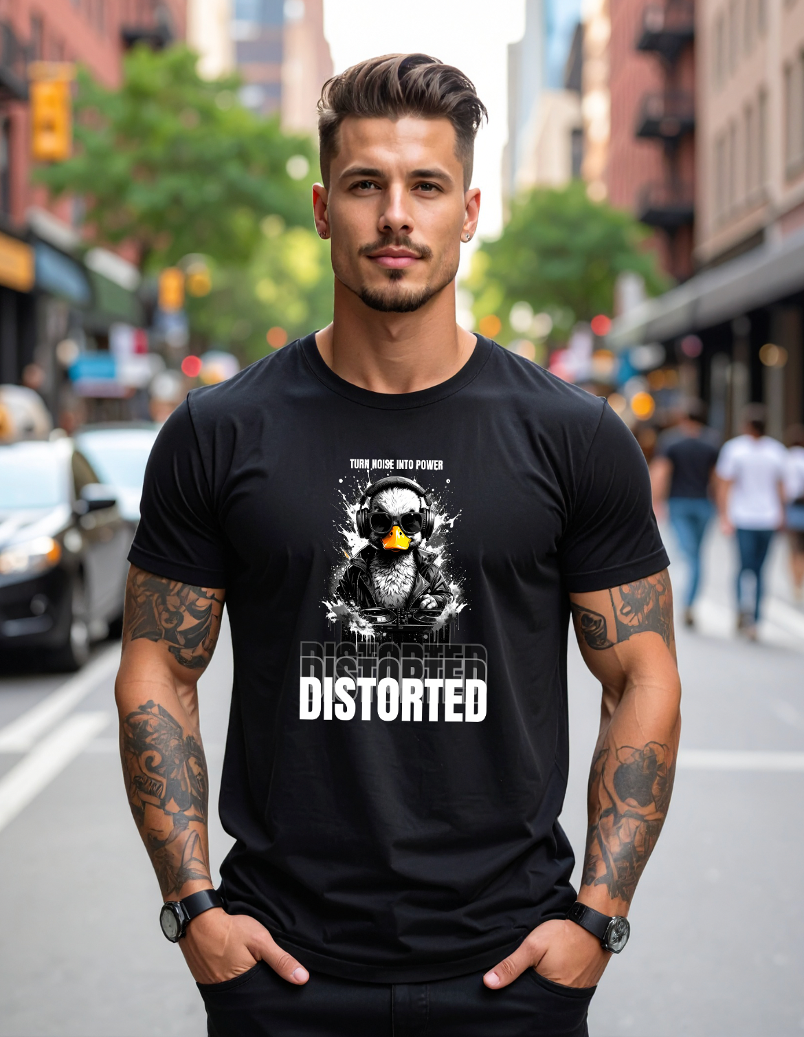 DISTORTED Duck DJ – Black Collection T-Shirt (Noise Edition) 🎧💀🦆