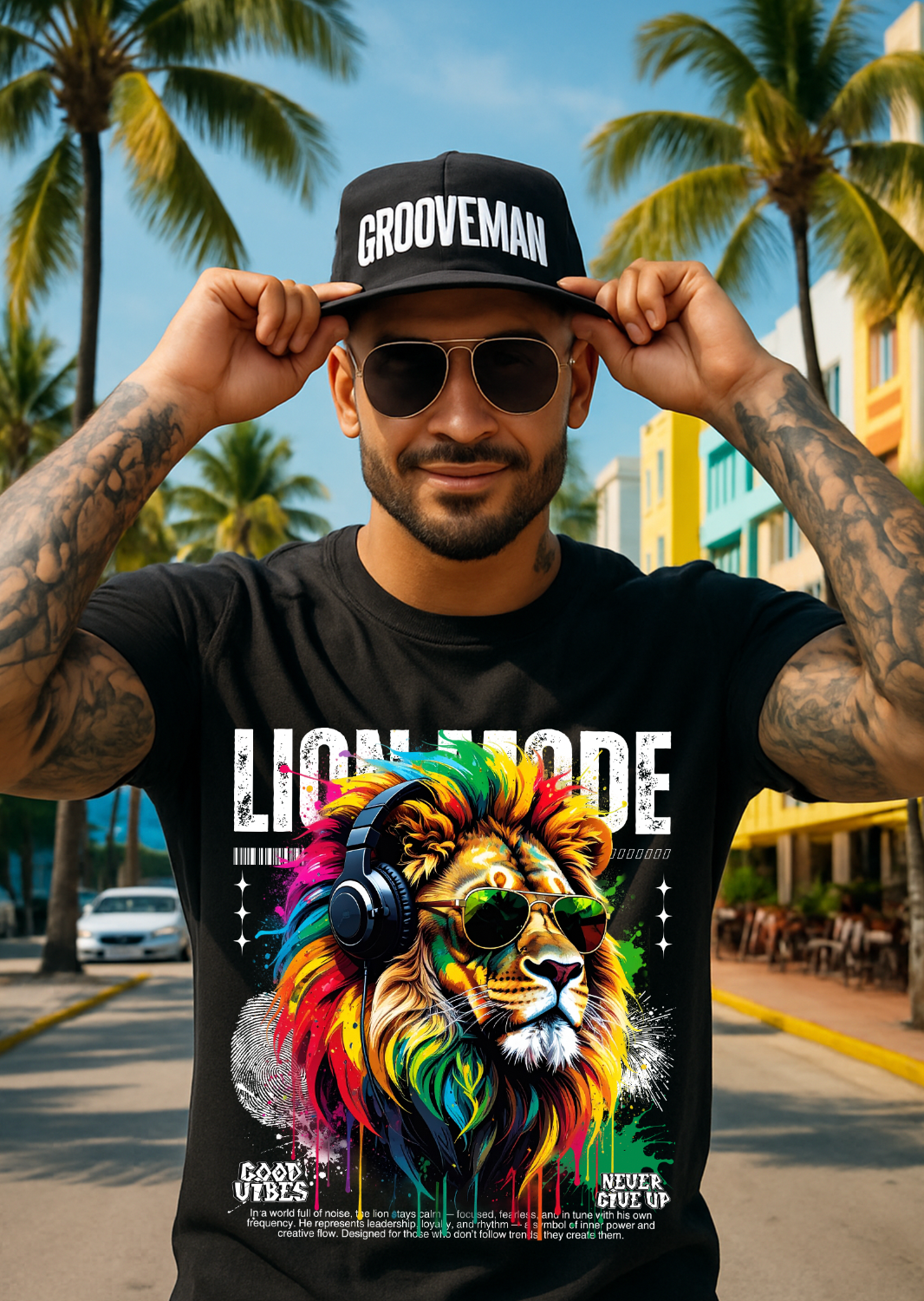 Grooveman™ “Lion Mode” T-Shirt – Reggae Power & Street Vibes Edition 🦁🎧
