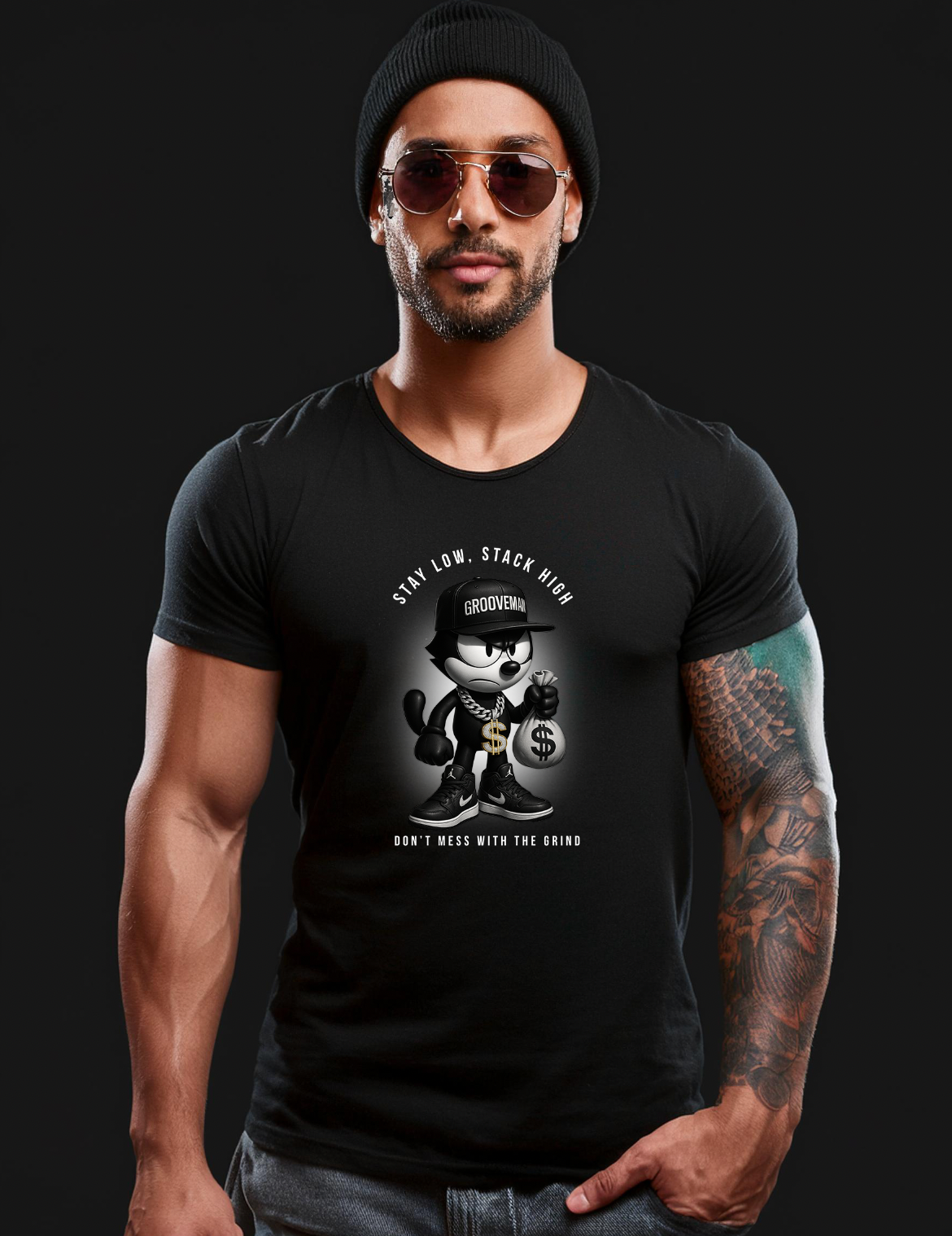 Stay Low, Stack High – Felix The Cat Grind Mode Black Collection T-Shirt