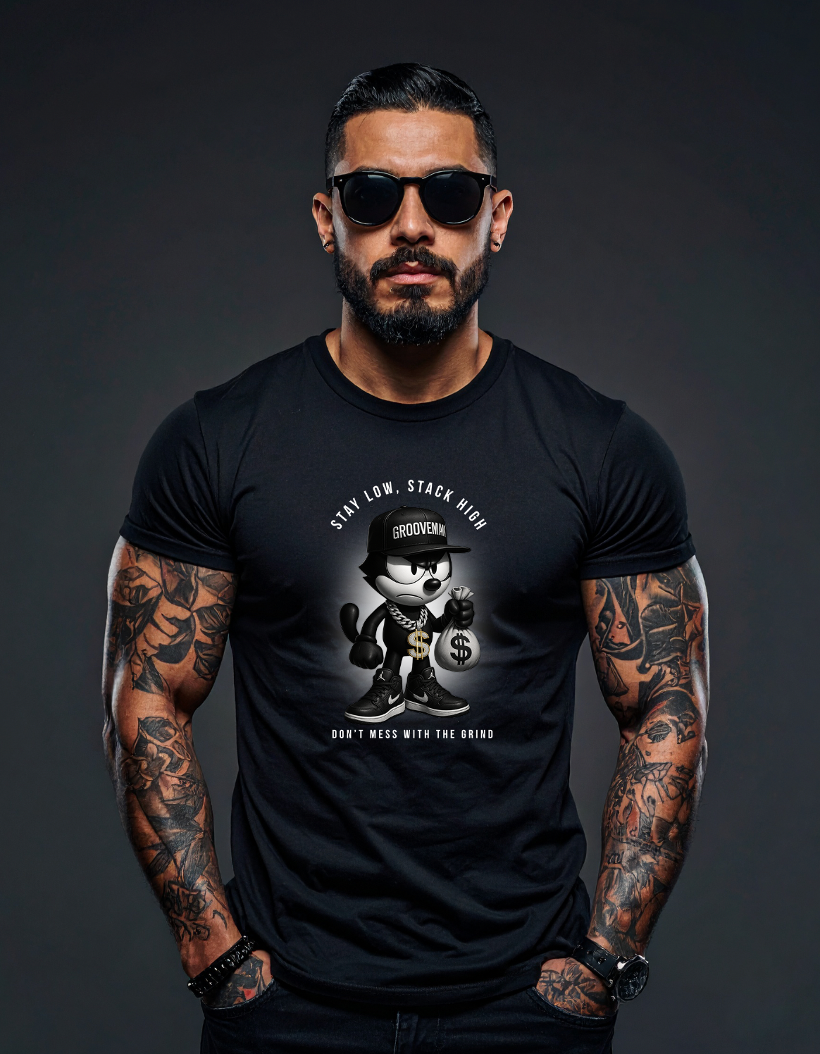 Stay Low, Stack High – Felix The Cat Grind Mode Black Collection T-Shirt