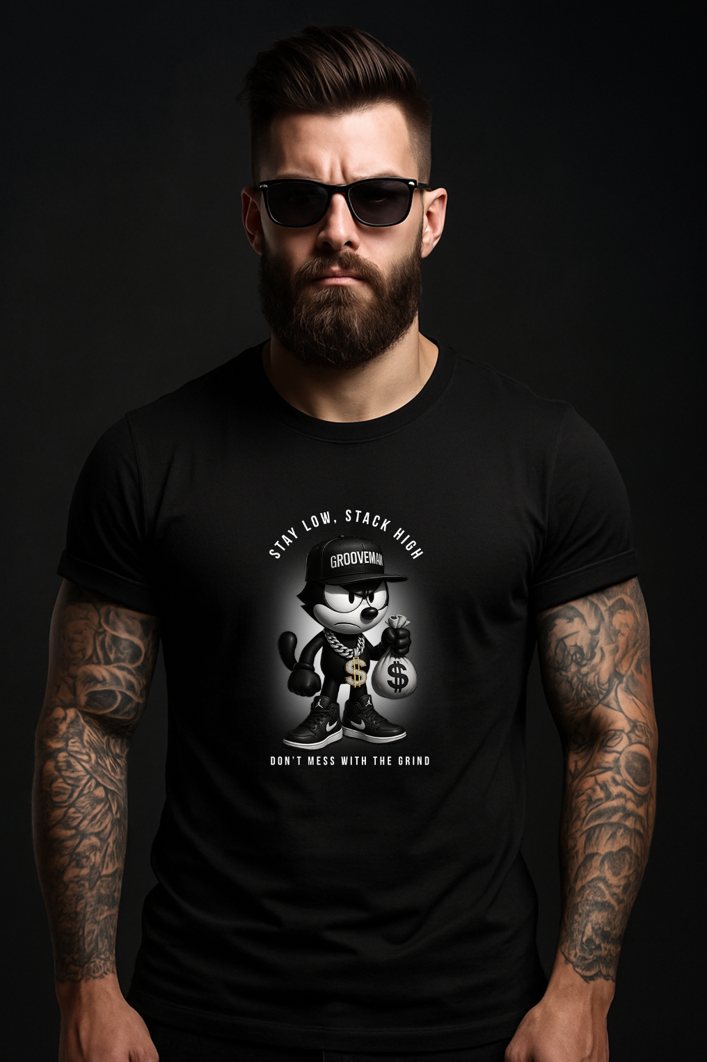 Stay Low, Stack High – Felix The Cat Grind Mode Black Collection T-Shirt
