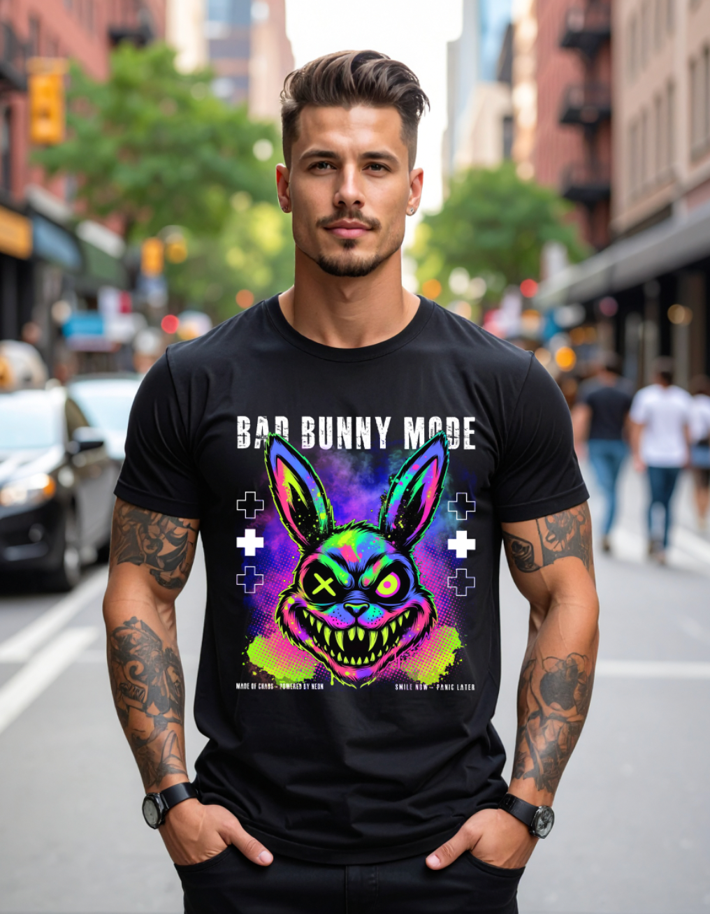 Grooveman – Bad Bunny Mode Neon Psycho Graphic T-Shirt