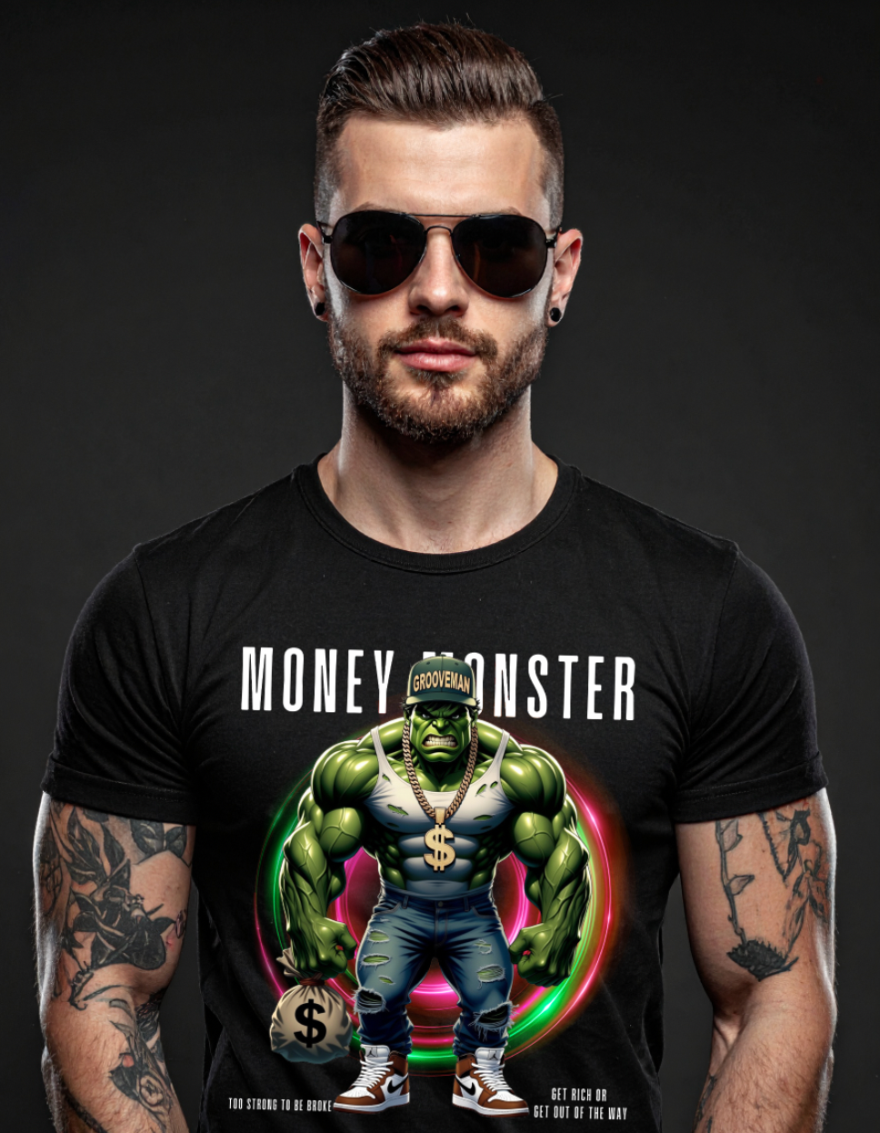 Grooveman Money Monster T-Shirt – Urban Streetwear Graphic Tee with Gold Chain & Money Bag