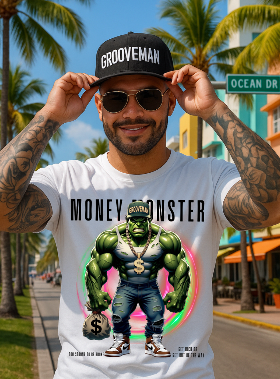Grooveman Money Monster T-Shirt – Urban Streetwear Graphic Tee with Gold Chain & Money Bag