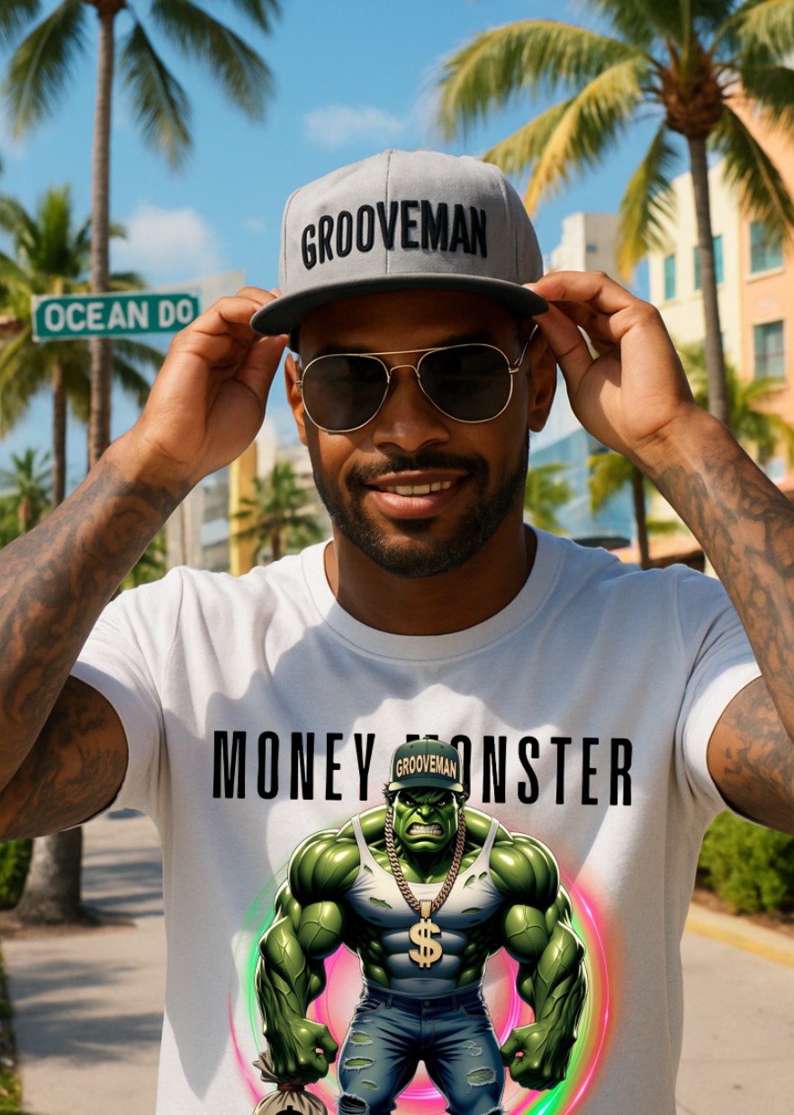 Grooveman Money Monster T-Shirt – Urban Streetwear Graphic Tee with Gold Chain & Money Bag