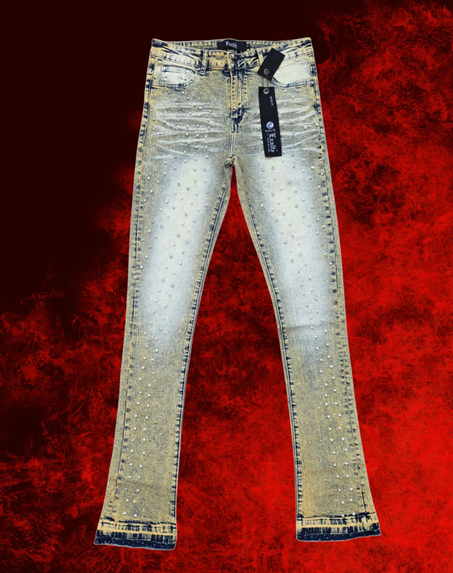 Premium Skinny Bootcut Rhinestone Jeans – Gold Vintage Wash, Super Stretch