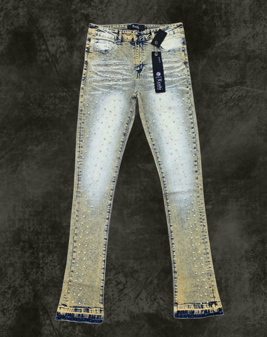 Premium Skinny Bootcut Rhinestone Jeans – Gold Vintage Wash, Super Stretch