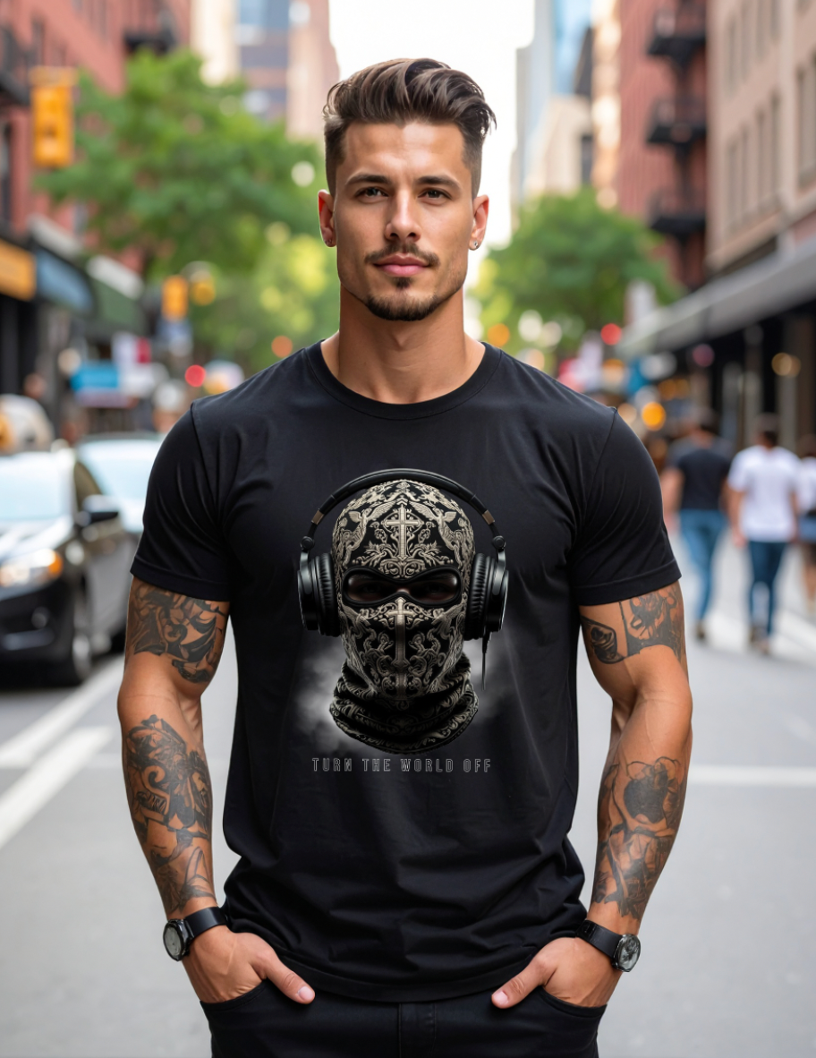 Turn The World Off – Men's Skull Balaclava Headphones Graphic T-Shirt