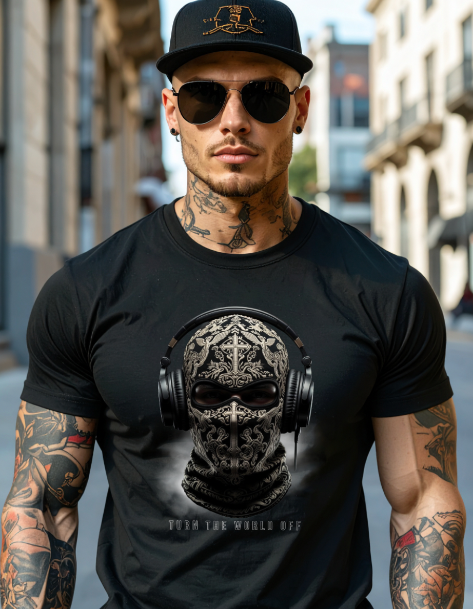 Turn The World Off – Men's Skull Balaclava Headphones Graphic T-Shirt