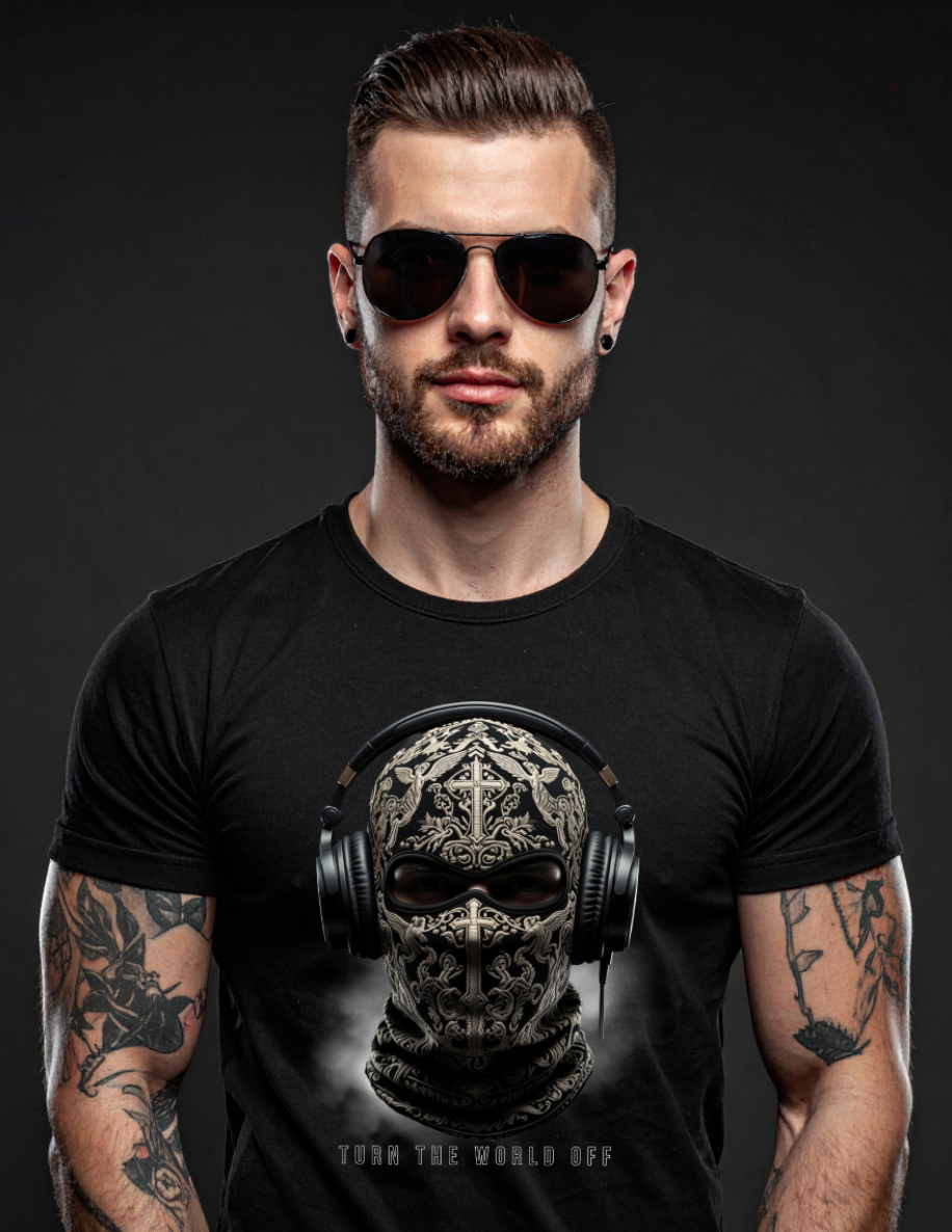 Turn The World Off – Men's Skull Balaclava Headphones Graphic T-Shirt