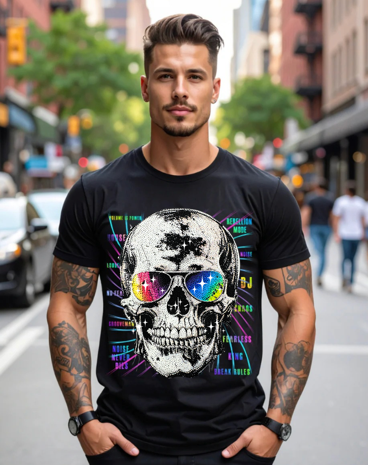 Grooveman Skull DJ Rhinestone T-Shirt | Luxury Bling Streetwear Tee