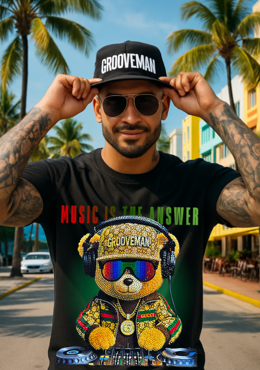 Music Is The Answer Rhinestone T-Shirt | Grooveman Bling DJ Tee