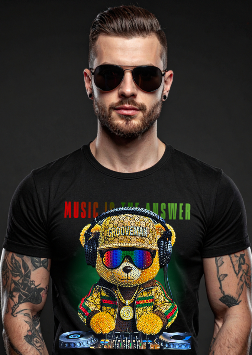 Music Is The Answer Rhinestone T-Shirt | Grooveman Bling DJ Tee