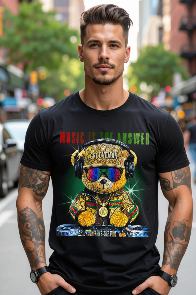 Man wearing a black t-shirt with a colorful graphic design on a city street.