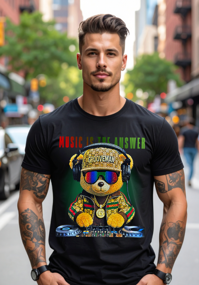 Music Is The Answer Rhinestone T-Shirt | Grooveman Bling DJ Tee