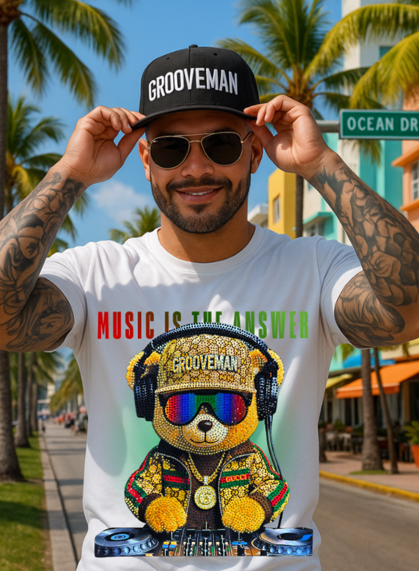 Music Is The Answer Rhinestone T-Shirt | Grooveman Bling DJ Tee