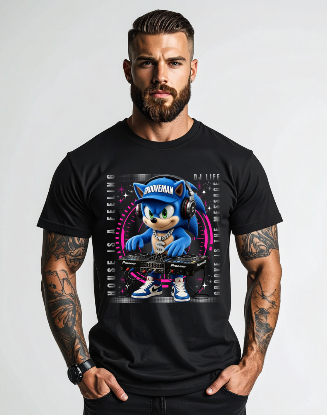 Grooveman DJ Sonic Graphic T-Shirt | House Music Festival Streetwear Tee