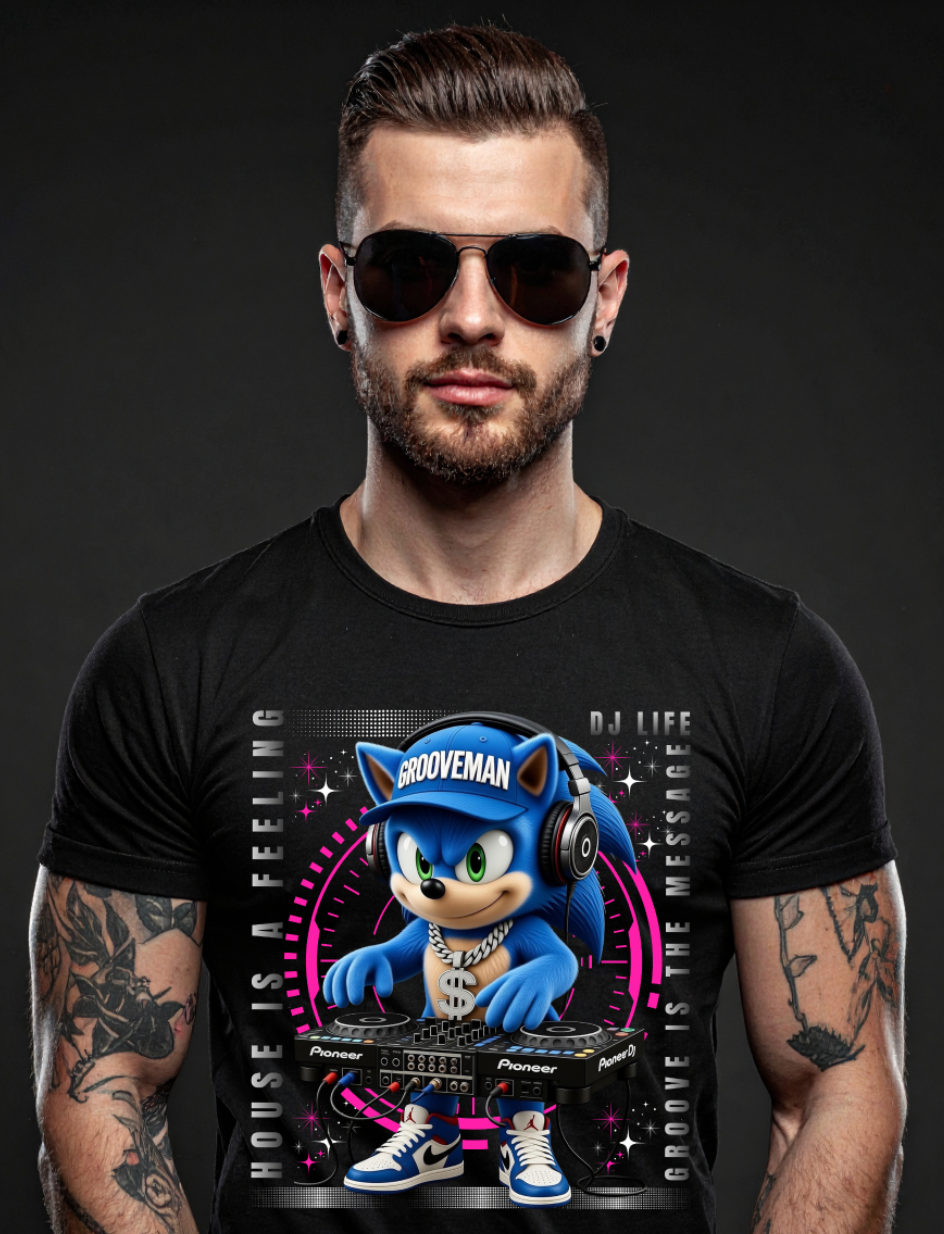 Grooveman DJ Sonic Graphic T-Shirt | House Music Festival Streetwear Tee