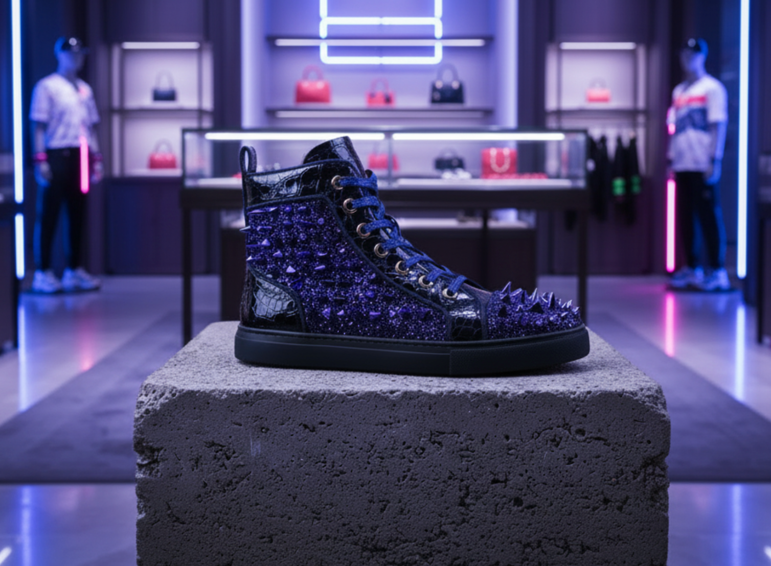 Navy Spikes Lace up High top Sneaker Encore by Fiesso