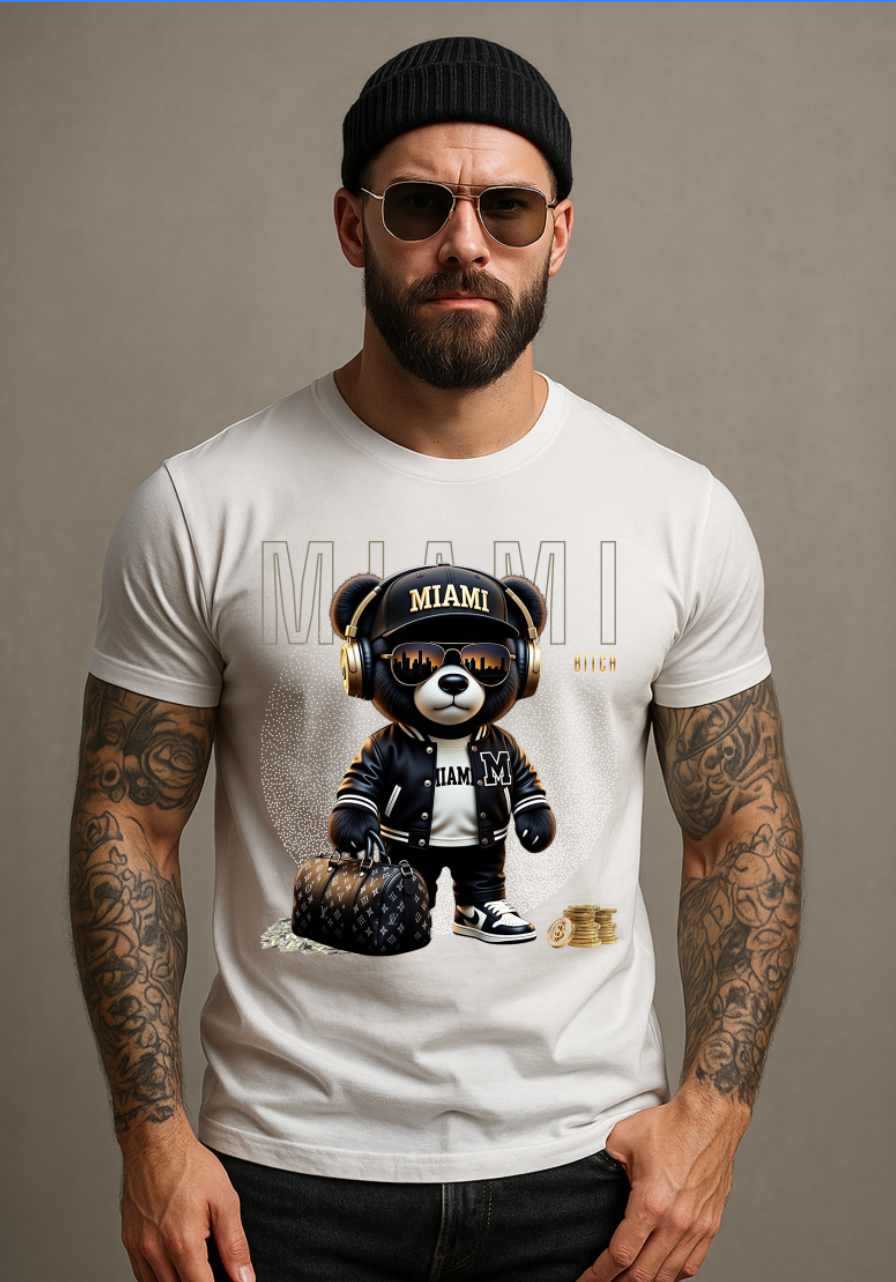 Miami Bear Luxury Graphic T-Shirt | Grooveman Streetwear Black Tee