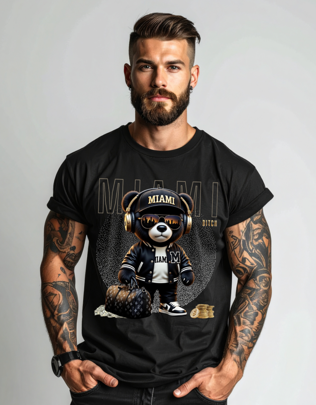 Miami Bear Luxury Graphic T-Shirt | Grooveman Streetwear Black Tee