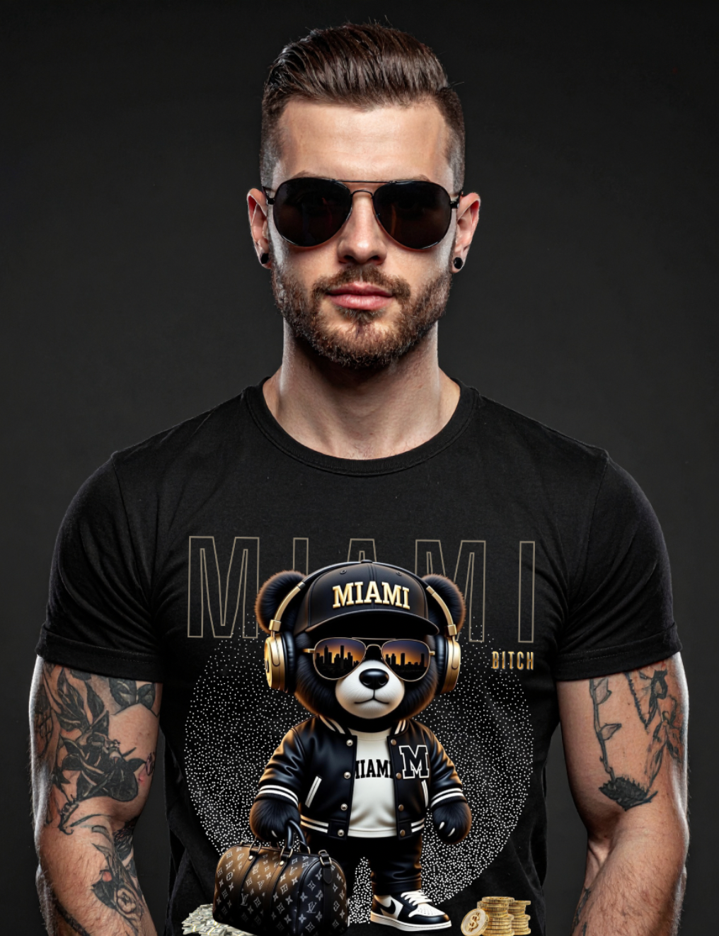 Miami Bear Luxury Graphic T-Shirt | Grooveman Streetwear Black Tee