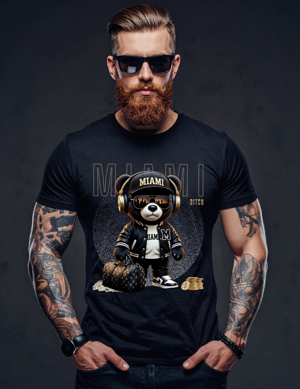 Miami Bear Luxury Graphic T-Shirt | Grooveman Streetwear Black Tee