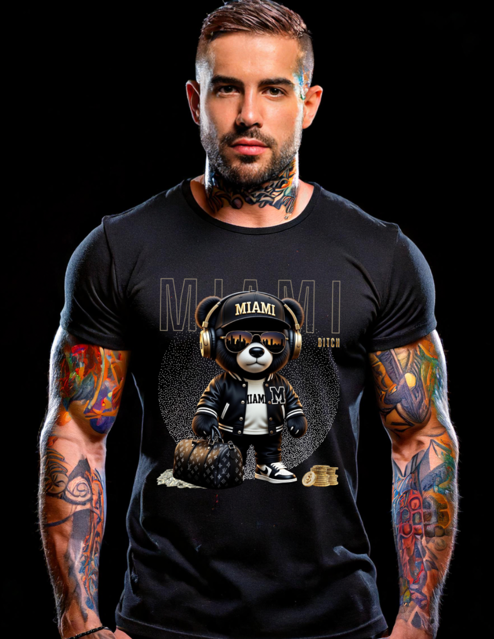 Miami Bear Luxury Graphic T-Shirt | Grooveman Streetwear Black Tee