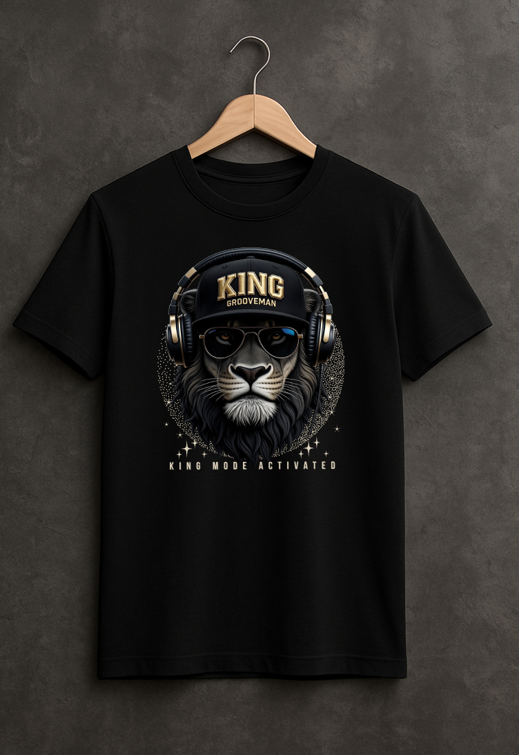 King Mode Activated Lion T-Shirt – Black Streetwear Graphic Tee | Grooveman