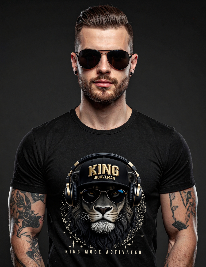 King Mode Activated Lion T-Shirt – Black Streetwear Graphic Tee | Grooveman