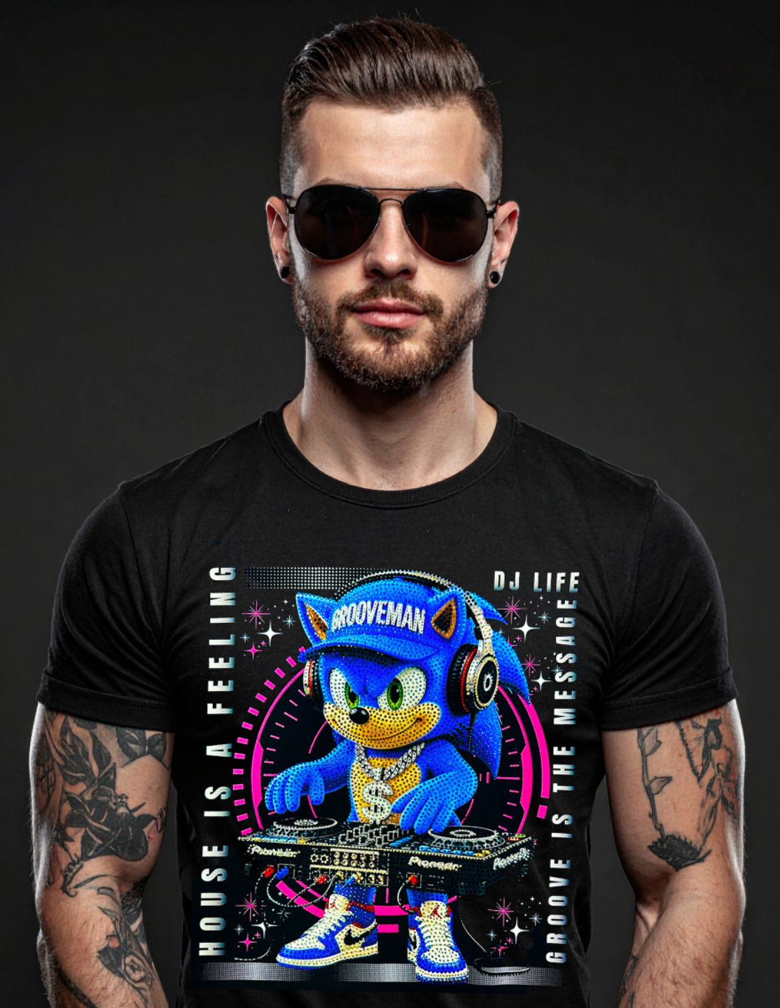 DJ Life Rhinestone T-Shirt – Grooveman Bling Streetwear Tee House Is a Feeling