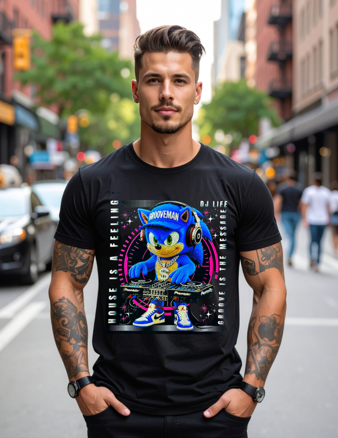 DJ Life Rhinestone T-Shirt – Grooveman Bling Streetwear Tee House Is a Feeling