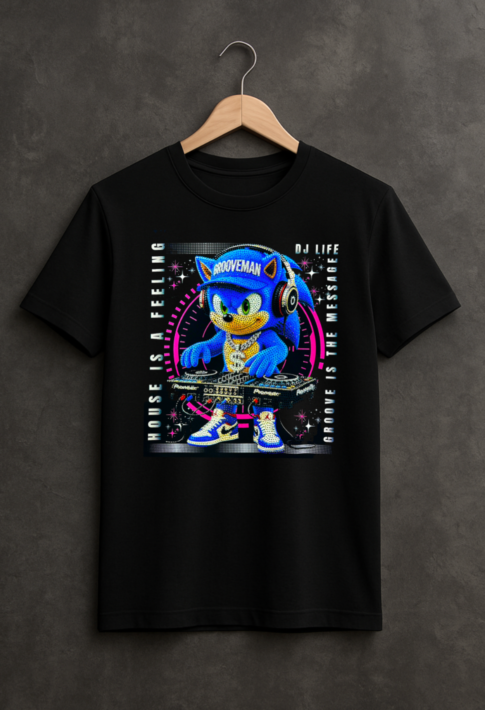 DJ Life Rhinestone T-Shirt – Grooveman Bling Streetwear Tee House Is a Feeling