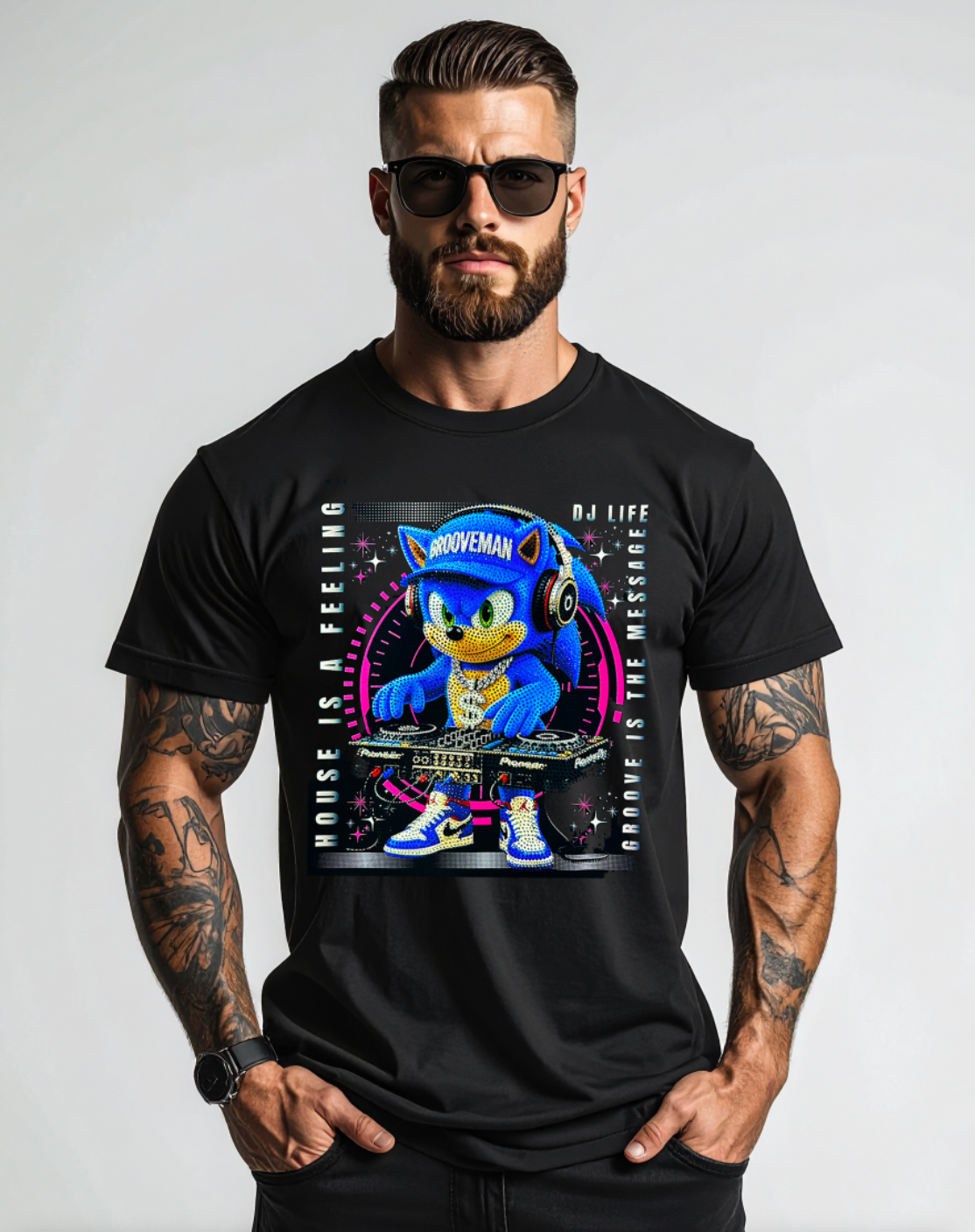 DJ Life Rhinestone T-Shirt – Grooveman Bling Streetwear Tee House Is a Feeling