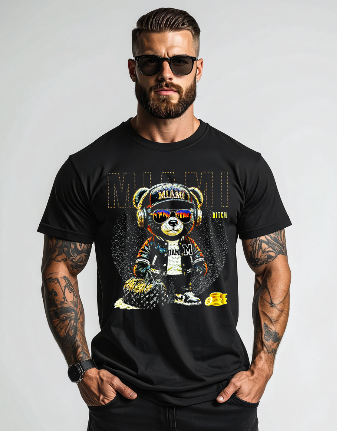Miami Bling Bear Rhinestone T-Shirt – Luxury Streetwear Graphic Tee