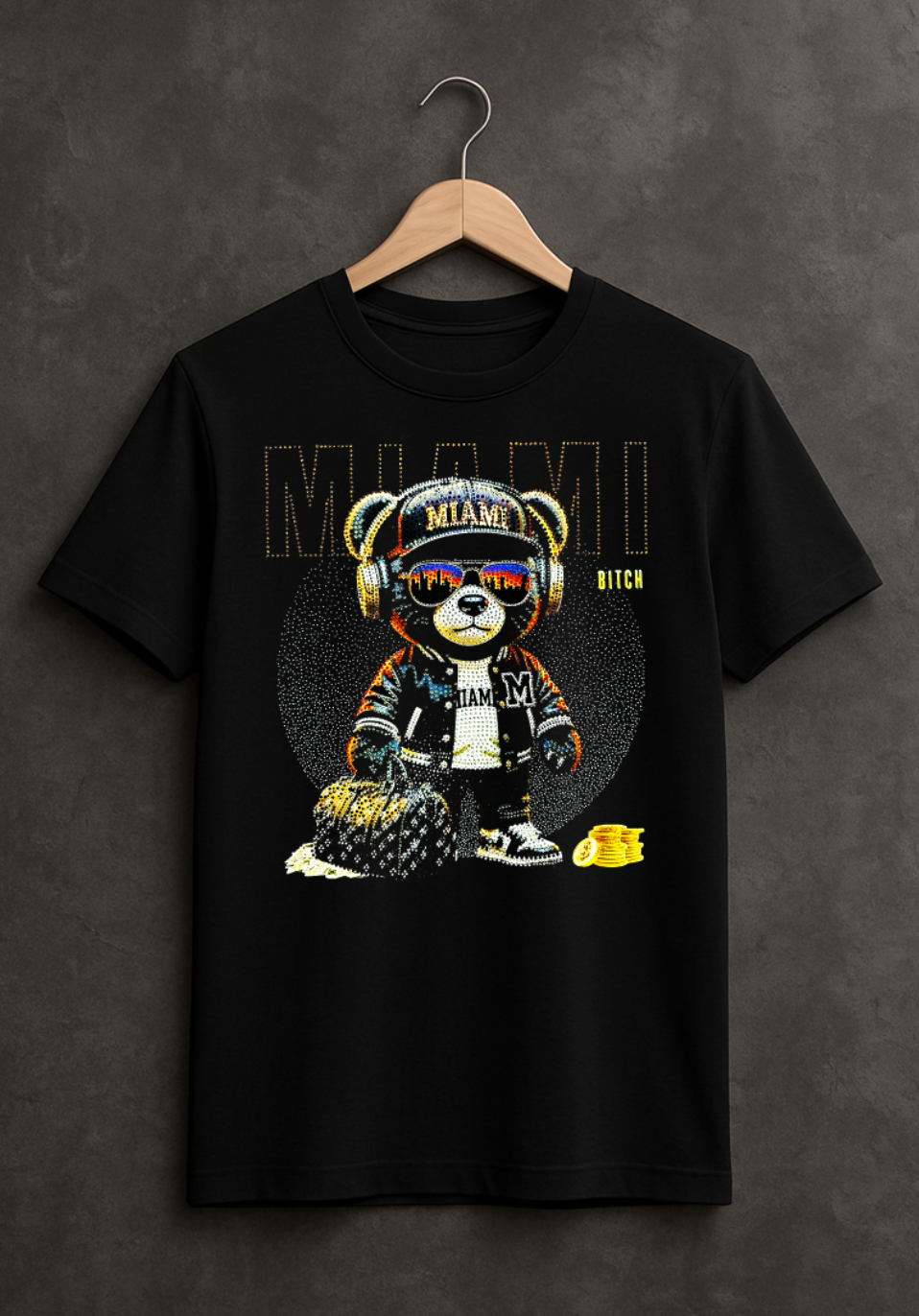 Miami Bling Bear Rhinestone T-Shirt – Luxury Streetwear Graphic Tee