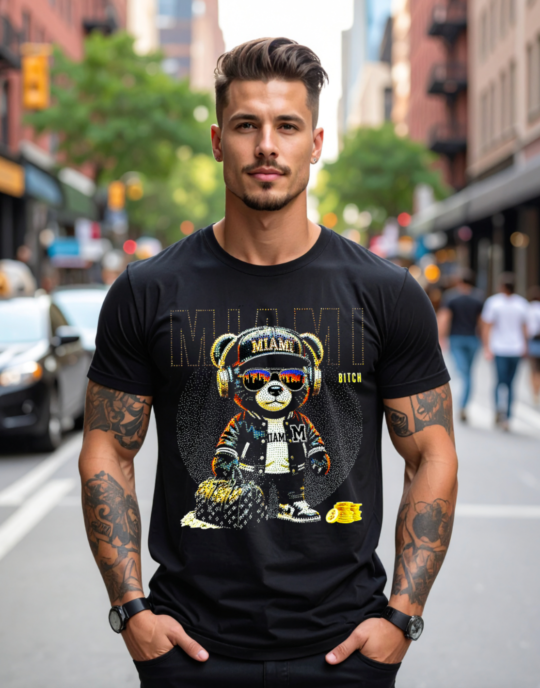 Miami Bling Bear Rhinestone T-Shirt – Luxury Streetwear Graphic Tee